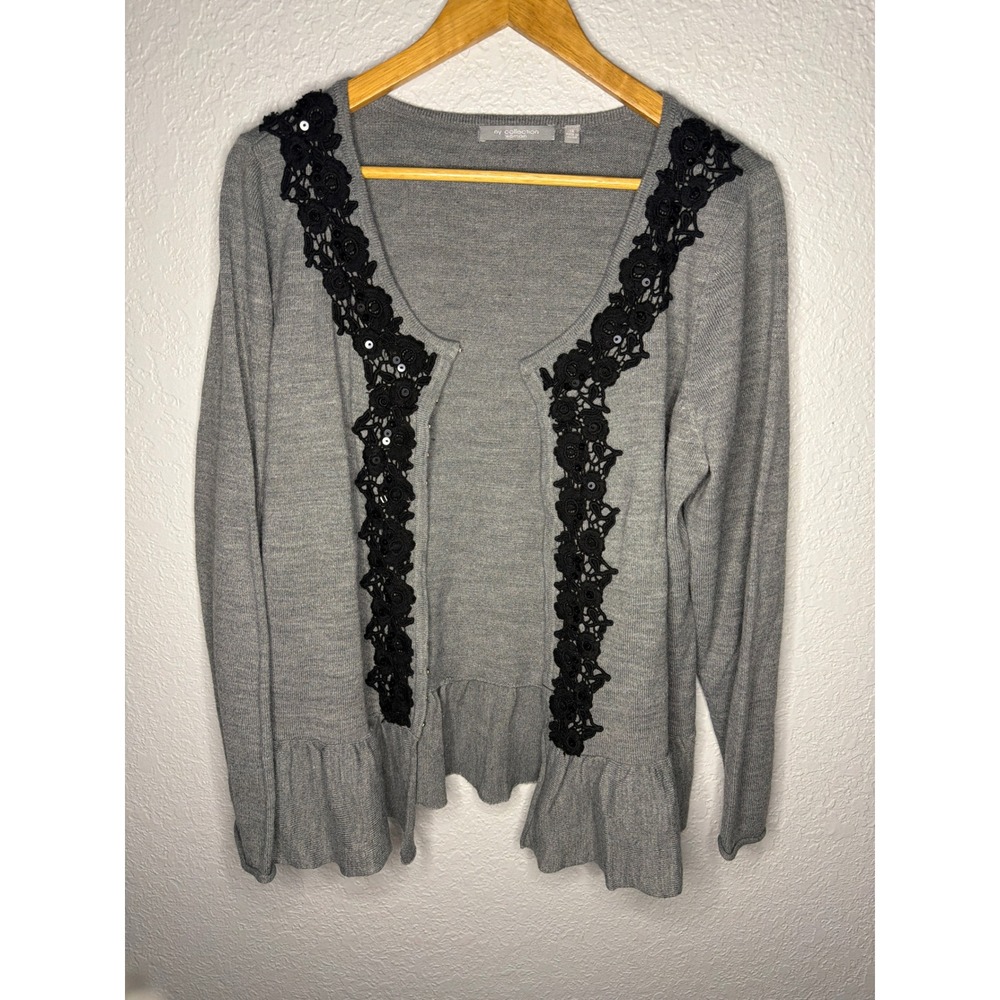 Vintage NY Collection Cardigan Womens 1X Gray Excellent Lace Peplum Sequin Trim
